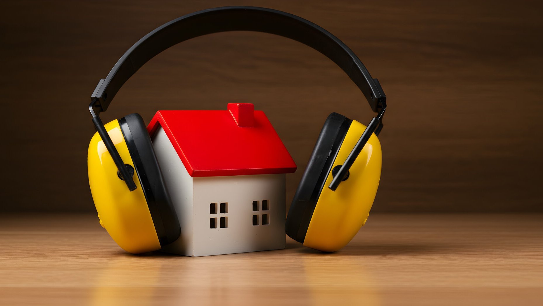 Miniature House Enveloped in Yellow Noise Canceling Earmuffs on Light Brown Wood Promoting Peaceful Quietness
